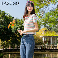 La·go·go 拉谷谷 Lagogo拉谷谷多巴胺条纹T恤女2024年春夏新款短款小个子彩条短袖