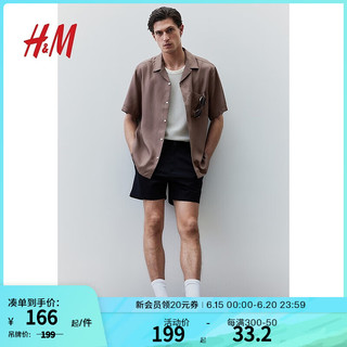H&M男装衬衫2024夏季时尚简约莱赛尔古巴领短袖衬衫1206854 深米色 180/116