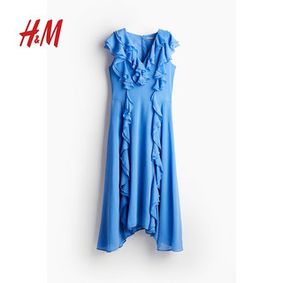 H&M女士连衣裙2024夏荷叶边雪纺连衣裙1236797 蓝色 165/96 M