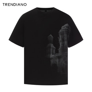 TRENDIANO抽象线条图绘印染圆领T恤2024年夏季失真风图案棉质上衣 黑色 XL