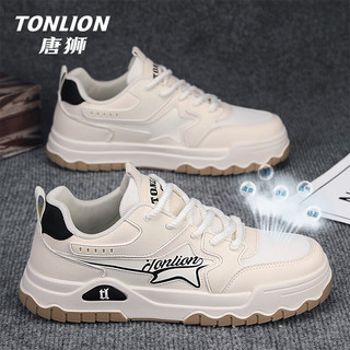 唐狮（TonLion）男鞋2024夏季运动板鞋男士透气休闲鞋子男百搭小白鞋 米色 43码