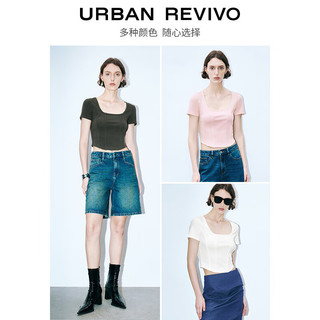 URBAN REVIVO 女士甜辣风方领鱼骨线修身短袖T恤 UWJ440059 本白 XL