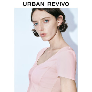 URBAN REVIVO 女士甜辣风方领鱼骨线修身短袖T恤 UWJ440059 粉紫 XS