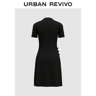 URBAN REVIVO 女士设计感纽扣收腰褶皱短袖连衣裙 UWG740176 正黑 XL