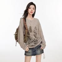 薄款长袖罩衫女2024夏美式复古慵懒风做旧印花宽松休闲T恤