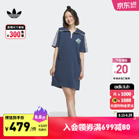 adidas学院风休闲运动翻领短袖连衣裙女装夏季阿迪达斯三叶草 藏青 XL