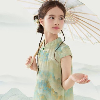 女童连衣裙国风旗袍儿童裙子24夏季薄款新中式汉服洋气夏装 TD2DQ077 青绿