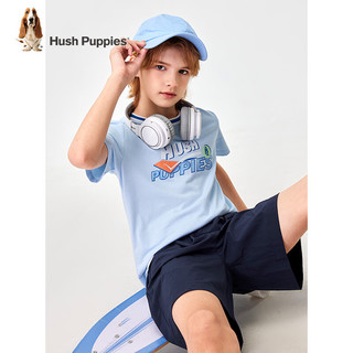 暇步士（Hush Puppies）童装男童2024夏季蒸呢抑菌丝滑云棉柔圆领短袖衫 冰晶蓝 140cm