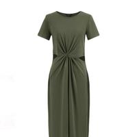 URBAN REVIVO 女士时髦气质扭结镂空修身短袖连衣裙 UWG740154 草绿 L
