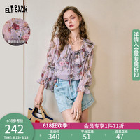 妖精的口袋法式荷叶边烫金印花雪纺衫女2024夏季洋气纱衣罩衫 蝴蝶猫紫色 S