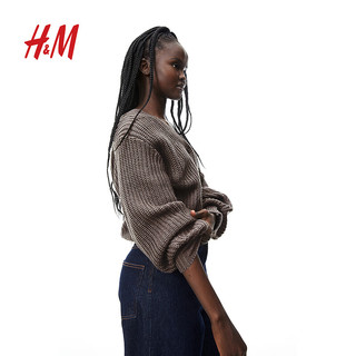 H&M女装针织衫时尚气质灯笼袖开衫1161793 深米灰色 155/76