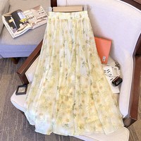 Avmko欧根纱碎花甜美半身裙女夏2024高腰显瘦中长款大摆a字仙女裙 黄色 均码