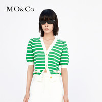 MO&Co. 摩安珂 MOCO泡泡袖度假风开衫法式复古V领条纹针织衫短款