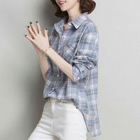 青青日志春秋格子衬衫女2024韩版百搭上衣宽松复古长袖 天蓝色 L 120-140斤