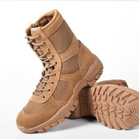 寻战鹰新式棕色特种作战靴高帮战术靴侧拉链透气训练靴真皮沙漠靴 夏季网眼作战靴 42 =260两双鞋垫