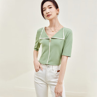 尚都比拉夏季优雅知性撞色领口五分袖t恤女显瘦休闲上衣 抹茶绿 M 