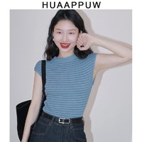 HUAAPPUW 画朴 韩版蓝色条纹包袖T恤女装2024夏季新款修身显白百搭立领上衣