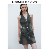 URBAN REVIVO 女士时髦洗水磨白挂脖牛仔连衣裙 UWV840177