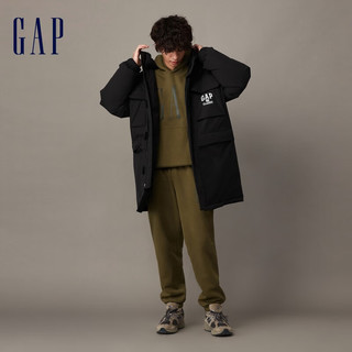 Gap男装冬季LOGO时尚连帽长款羽绒服836119保暖宽松外套 黑色 180100A(XL)亚洲尺码