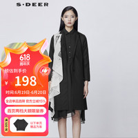 S.DEER圣迪奥秋季女装西装领字母印花拼接收腰长款风衣S21381806 黑色/91 M/165