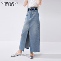 秋水伊人复古纯棉牛仔半身裙2024夏季女装高腰直筒开叉长裙 牛仔蓝 M