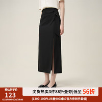 范思蓝恩高腰气质通勤小黑裙子女2024夏季抽褶直筒半身长裙 黑色 S