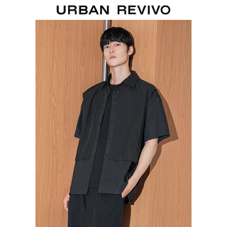 URBAN REVIVO 男士潮流休闲纯色翻领短袖开襟衬衫 UMV240043 黑色 S