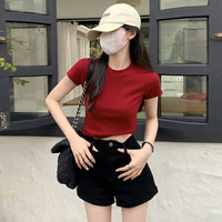 茵向纯棉t恤女夏季短款短袖高腰辣妹修身显瘦纯色正肩短袖上衣打底衫 酒红色 L【100-115斤】