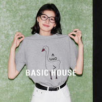 Basic House/百家好夏季钉珠印花短袖T恤女休闲套头灰色上衣2024 灰色 M