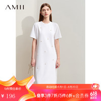 AMII2024夏极简圆领短袖宽松中长手工钉珠套头弹力连衣裙女 米白12442283 165/88A/L