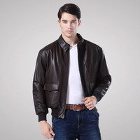 Luxury Lane真皮皮衣男士绵羊皮二战经典A2飞行服皮夹克男装外套 棕黑色 XXL美码尺码偏大