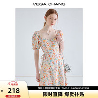 VEGA CHANG碎花连衣裙女2024夏方领法式茶歇裙度假风a字长裙 花色 L