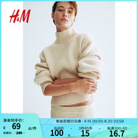 H&M女装时尚休闲罗纹针织高领套衫1202953 浅米色 170/104