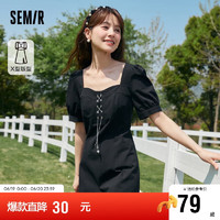 森马（Semir）连衣裙女泡泡袖方领少女感季纯色纯棉短裙甜美107423114055 黑色90001