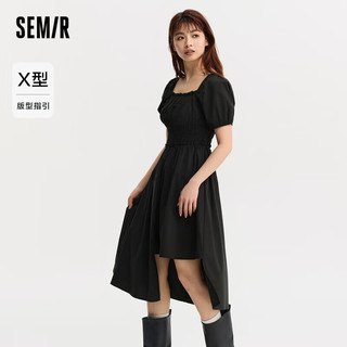 森马（Semir）连衣裙女泡泡袖收腰纯色夏季小个子法式方领木耳边107323114041 黑色90001 XL