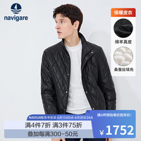 Navigare意大利小帆船高档皮衣男春季桑蚕丝商务外套立领格子男装 暗夜黑 M/48