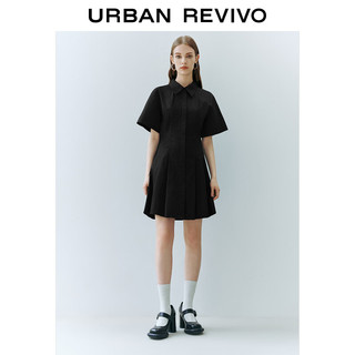 URBAN REVIVO 女士通勤风压褶修身短袖棉质连衣裙 UWU740075 正黑 M