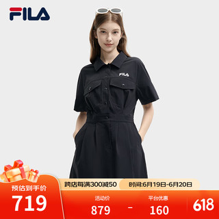 FILA 斐乐女子梭织连衣裙2024夏季时尚宽松翻领收腰裙子 正黑色-BK 160/80A/S