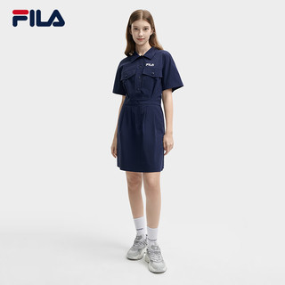 FILA 斐乐女子梭织连衣裙2024夏季时尚宽松翻领收腰裙子 椋鸟蓝-DB 170/88A/L