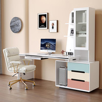 斯兰梦贝轻奢白色家用电脑桌台式现代简约卧室伸缩转角书桌实木带抽屉柜 彩色抽屉_电脑桌【带上墙书架】 1600*600*760mm（不带键盘托）