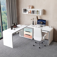 斯兰梦贝轻奢白色家用电脑桌台式现代简约卧室伸缩转角书桌实木带抽屉柜 彩色抽屉_电脑桌【双台面】 1600*600*760mm（不带键盘托）