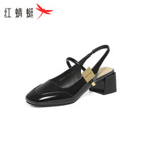 红蜻蜓 RED DRAGONFLY玛丽珍鞋2024粗跟女鞋法式后空单鞋红色复古高跟鞋WTV24287 黑色 34