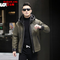 巴宝朗西班牙美利奴羊皮毛一体男士短款落肩连帽皮夹克冬季厚款皮草外套 黑色 175/XL