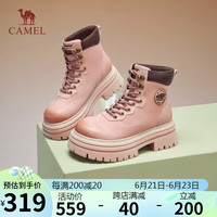 骆驼(CAMEL)大黄靴女反绒擦色皮面粗跟城市户外工装靴 L24W076606 粉色 35