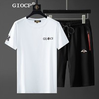 GIOCP小蜜蜂刺绣休闲套装男夏季薄款短袖青年韩版潮流运动男士T恤帅气 白色 XL