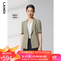 蓝地（LANDI）蓝地2022夏季橄榄绿桑蚕丝短袖西装上衣女真丝外套 橄榄绿 S