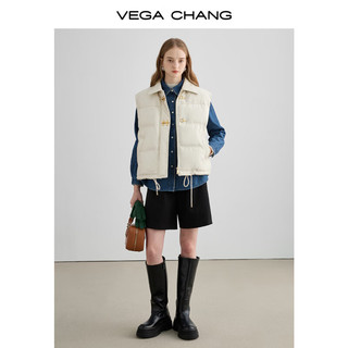 VEGA CHANG皮羽绒马甲背心女冬飞机扣羽绒服短外套 米色 M