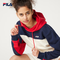 斐乐FILA女子针织连帽上衣撞色拼接卫衣女 黑鸢尾色/正红色/复古白 L