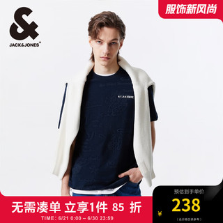 杰克·琼斯（JACK&JONES）夏季百搭纯棉中筒满印圆领百搭休闲风男士短袖T恤男224201191 E39藏蓝 常规 180/100A/L