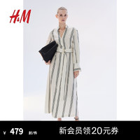 H&M女装2024夏季系腰带衬衫式连衣裙1229583 奶油色/条纹 165/96